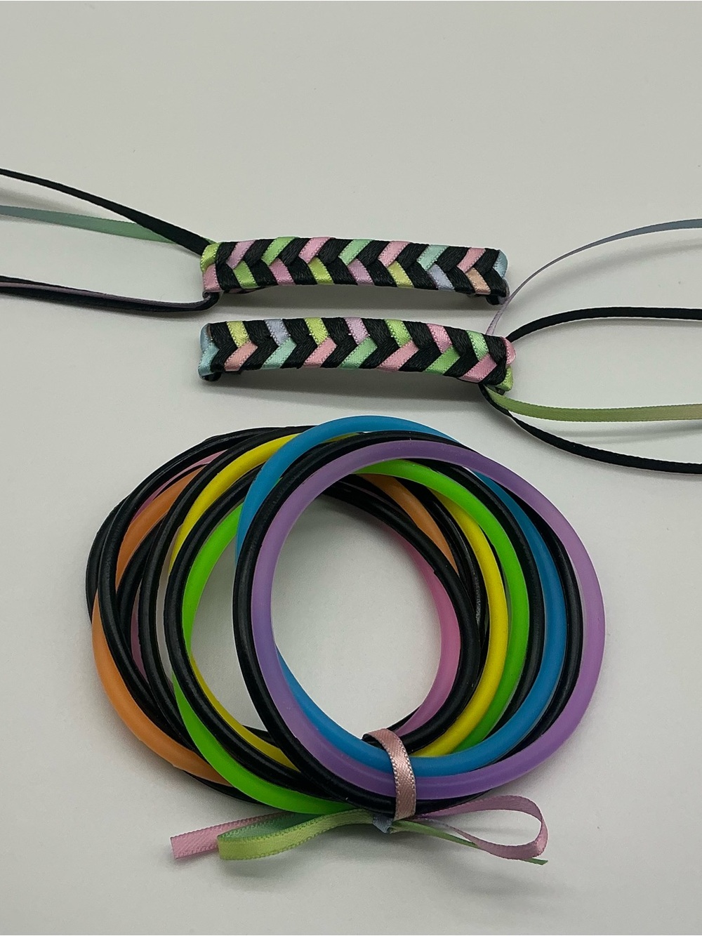 Black and Pastel Rainbow 80s Barrettes & 12 Jelly Bracelets